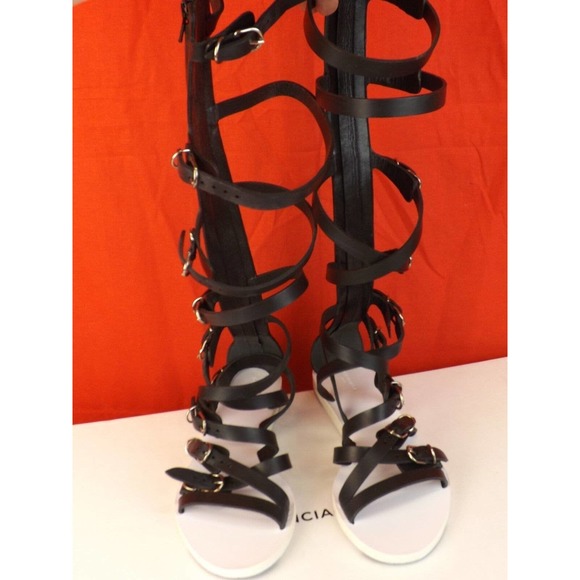NEW BALENCIAGA BLACK LEATHER STRAPPY GLADIATOR TALL FLAT SANDALS BOOTS 38 372880 - Picture 2 of 12